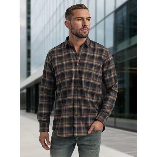 Vyriški tamsiai mėlyni-rudi languoti marškiniai Marino Marškiniai