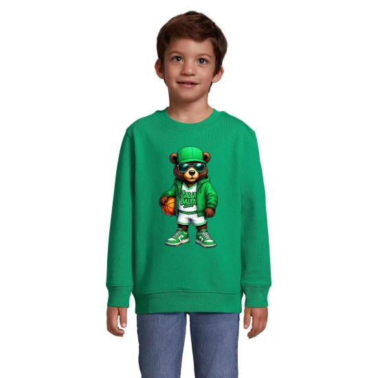 Vaikiškas žalias džemperis Meškinas su kamuoliu Krepšinis