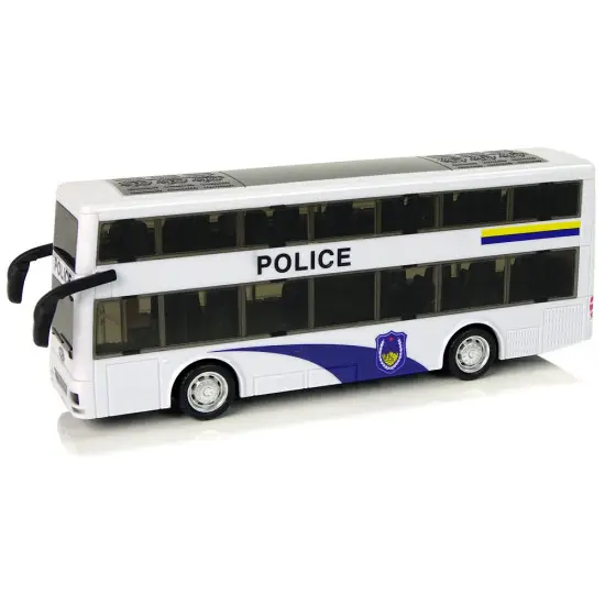 Baltas dviaukštis policijos autobusas Tarnybiniai automobiliai