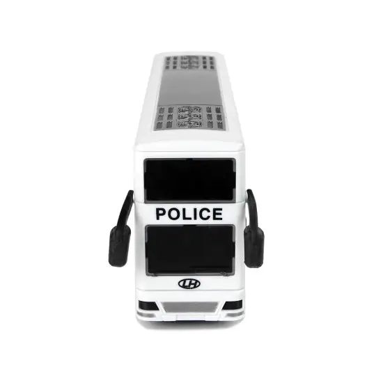 Baltas dviaukštis policijos autobusas Tarnybiniai automobiliai