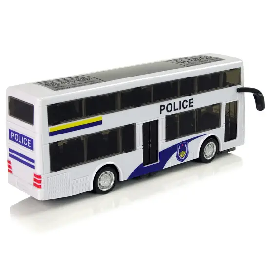 Baltas dviaukštis policijos autobusas Tarnybiniai automobiliai
