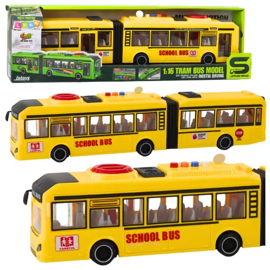 Geltonas mokyklinis autobusas su šviesų ir garso efektais Autobusai