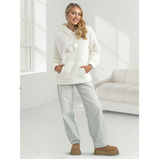 Moteriškas baltas džemperis su gobtuvu Nara Džemperiai su gobtuvu