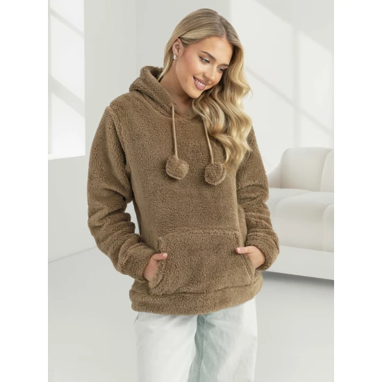 Moteriškas rudas džemperis su gobtuvu Nara Džemperiai su gobtuvu