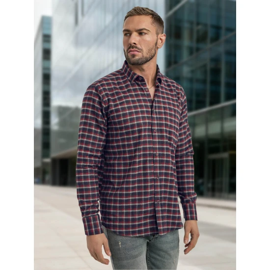 Vyriški tamsiai mėlyni-bordo languoti marškiniai Marino Marškiniai