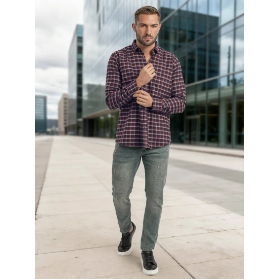 Vyriški tamsiai mėlyni-bordo languoti marškiniai Marino Marškiniai