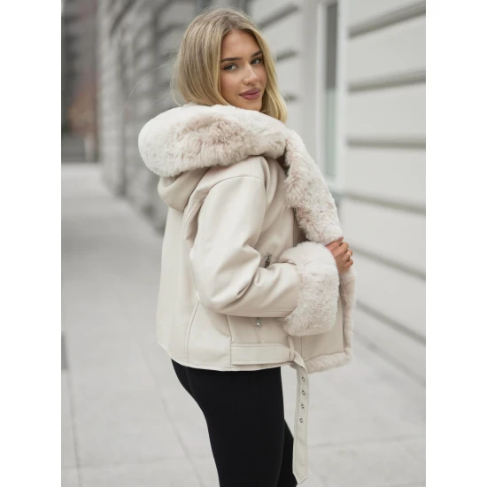 Moteriška balta striukė su kailiu Nikol