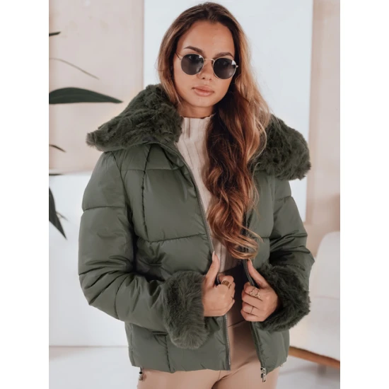 Moteriška žalia trumpa striukė su kailiu Flora Moteriškos striukės