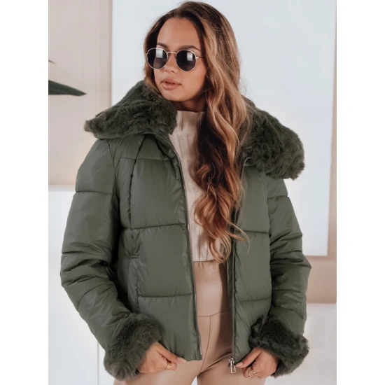 Moteriška žalia trumpa striukė su kailiu Flora Moteriškos striukės