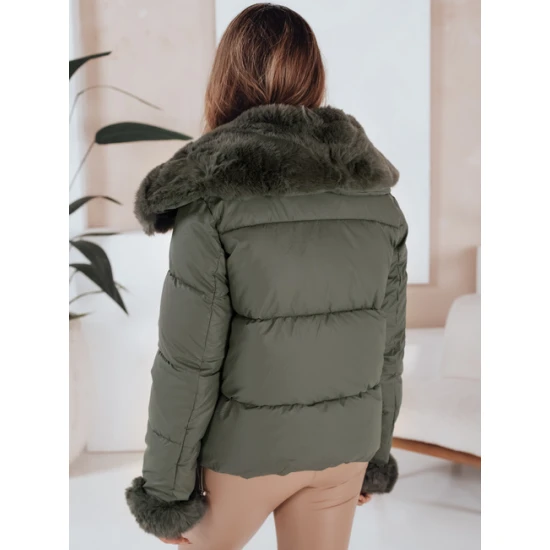 Moteriška žalia trumpa striukė su kailiu Flora Moteriškos striukės