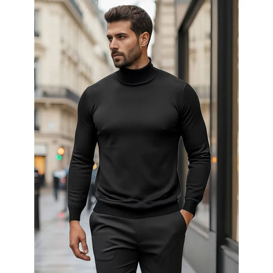 Vyriškas juodas megztinis aukštu kaklu Lenox Megztiniai