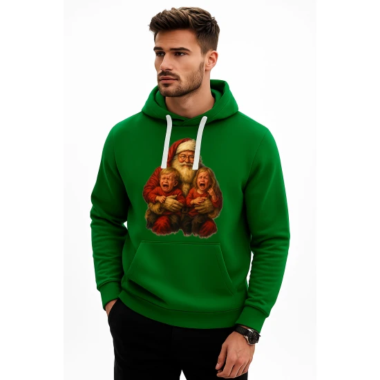Tamsiai žalias džemperis su gobtuvu Kalėdų senelis su vaikais