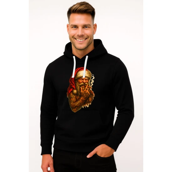 Juodas džemperis su gobtuvu Kalėdų senelis su cigaru Apranga Kalėdoms