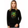 Women's black hoodless sweater with geometric wolf print