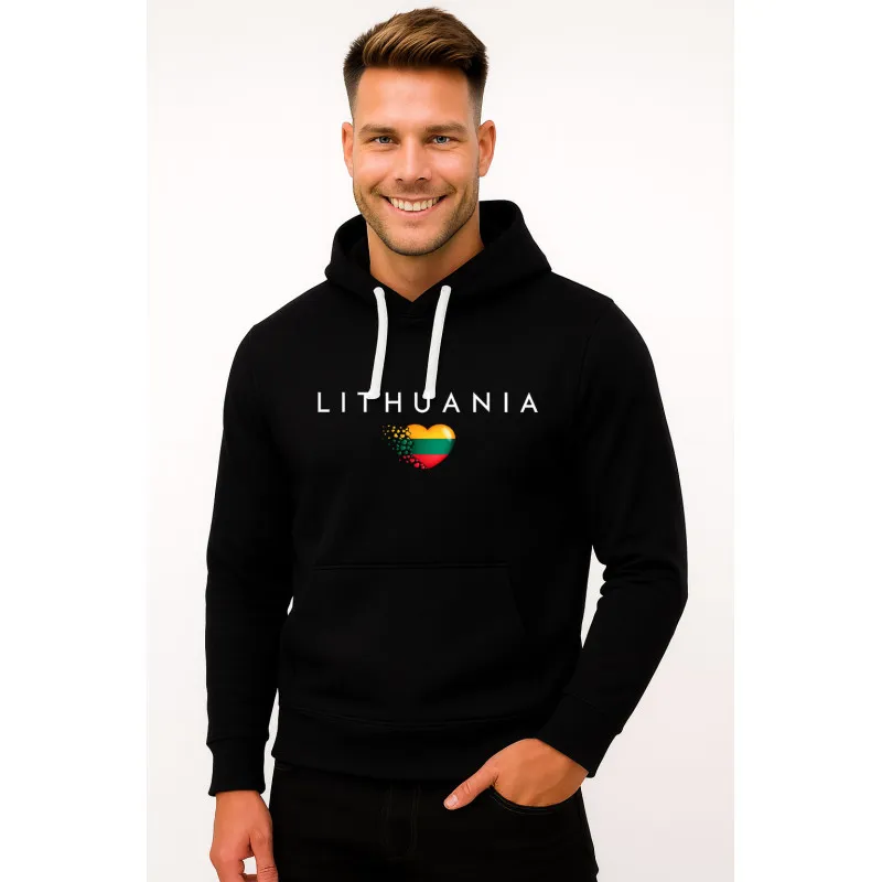 Vyriškas juodas džemperis su gobtuvu Lithuania (balta)