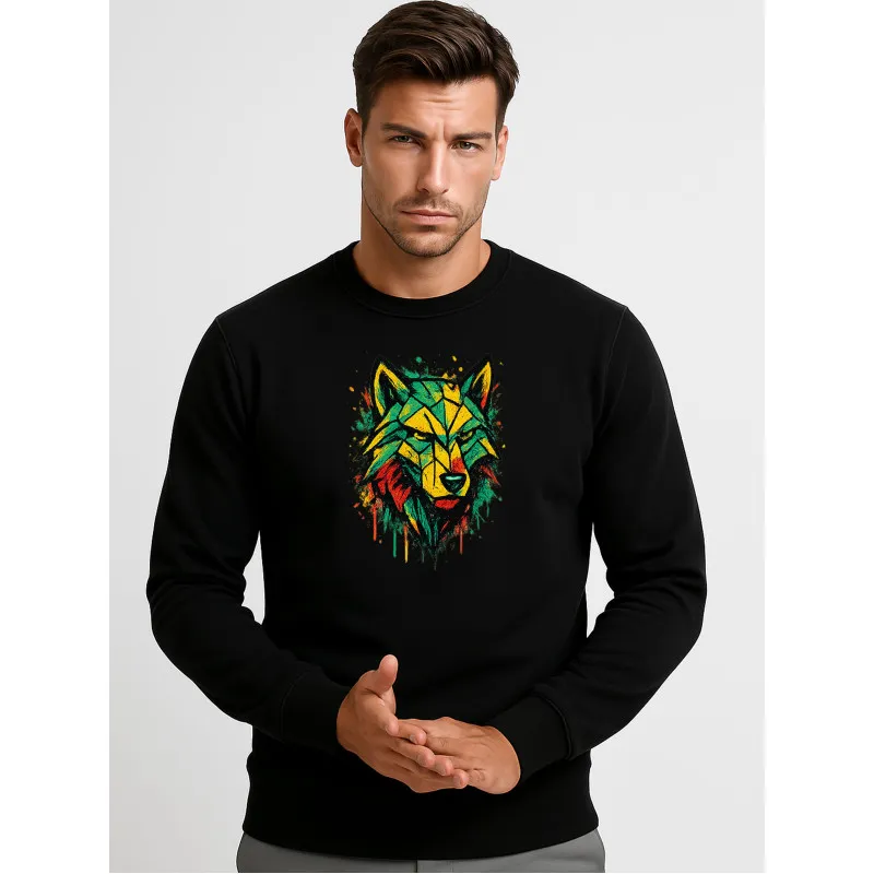 Men's black hoodless sweater with geometric wolf design Hooded jumpers