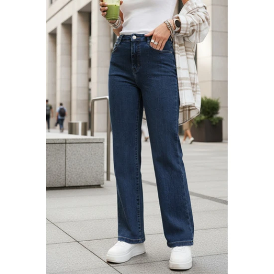 Moteriški tamsiai mėlynos spalvos aukštu liemeniu džinsai Lind Džinsai ir Kelnės