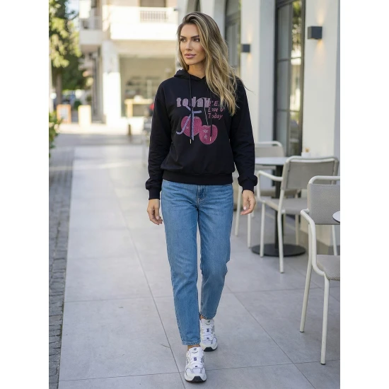 Moteriškas juodas džemperis Today Džemperiai su gobtuvu