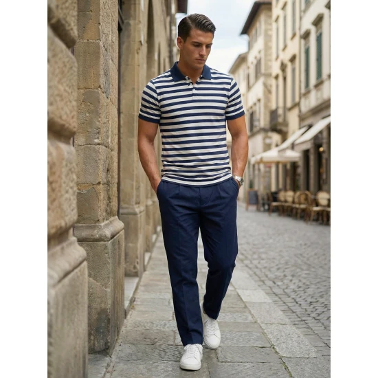 Vyriški dryžuoti mėlyni polo marškinėliai Captain POLO marškinėliai