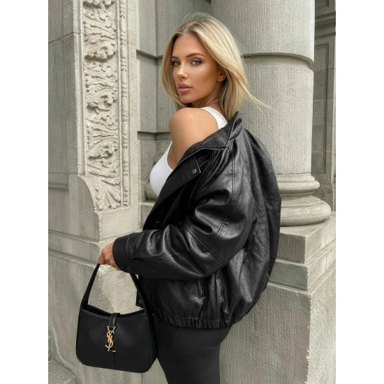 Moteriška juoda odinė striukė Capri Moteriškos striukės