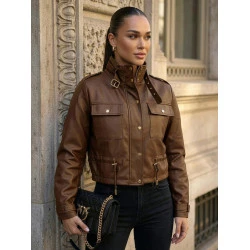 Moteriška tamsiai ruda odinė striukė Elan