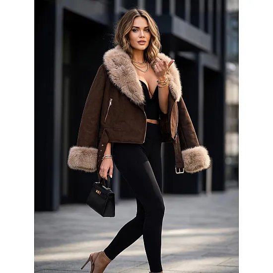 Loren Women's Dark Brown Winter Jacket with Fur Trim