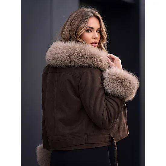 Loren Women's Dark Brown Winter Jacket with Fur Trim