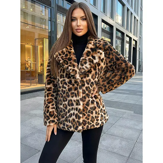 Moteriška ruda kailinė striukė su gyvūniniu raštu Leopard Moteriškos striukės