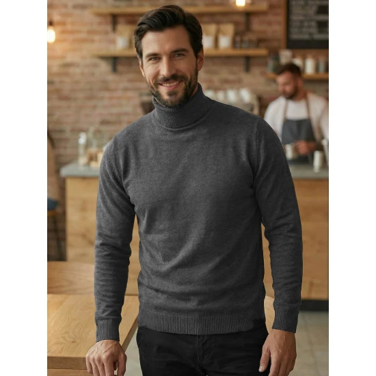 Vyriškas tamsiai pilkas megztinis su aukštu kaklu Melba