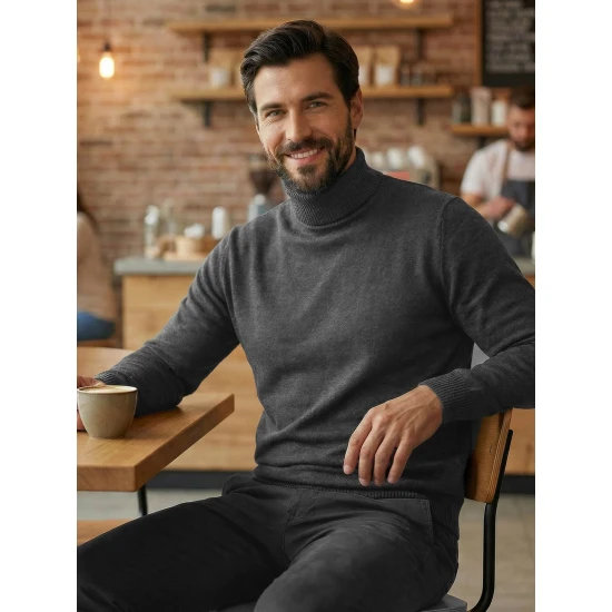 Vyriškas tamsiai pilkas megztinis su aukštu kaklu Melba