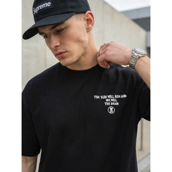 Vyriški juodi oversize marškinėliai Jevin Marškinėliai su užrašais