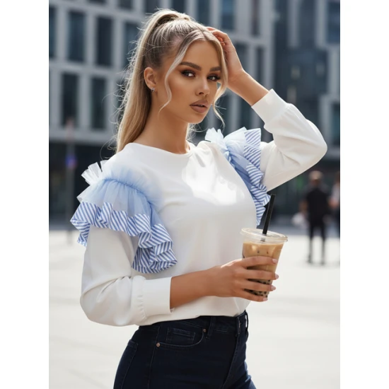 Moteriškas baltas džemperis Fancy Džemperiai be gobtuvo