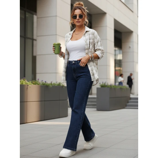 Moteriški tamsiai mėlynos spalvos aukštu liemeniu džinsai Lind Džinsai ir Kelnės