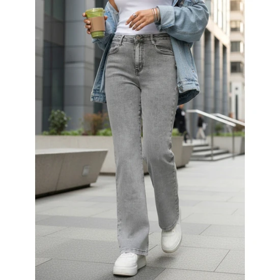 Moteriški pilkos spalvos aukštu liemeniu džinsai Lind Džinsai ir Kelnės