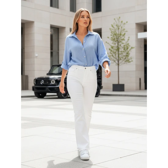 Moteriški muslino mėlyni marškiniai Musline Moteriški marškiniai