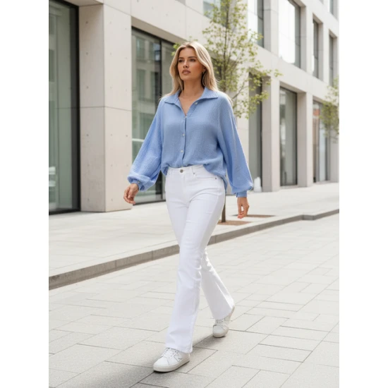 Moteriški muslino mėlyni marškiniai Musline Moteriški marškiniai