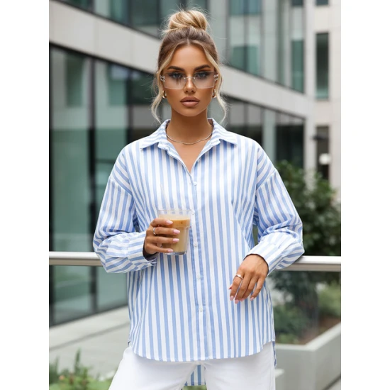 Moteriški oversize mėlyni marškiniai Mona Moteriški marškiniai