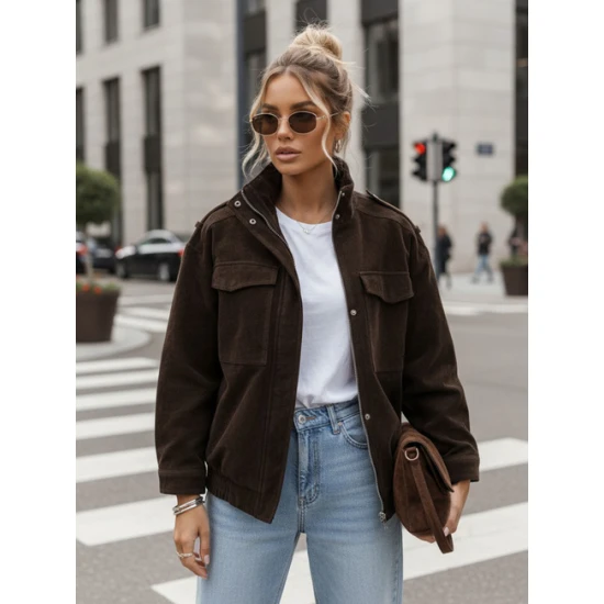 Moteriška šokoladinės spalvos zomšinė bomber striukė Silin Moteriškos striukės