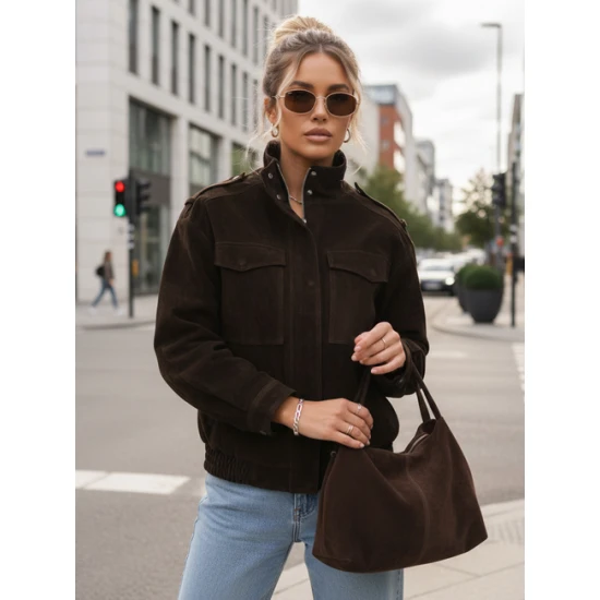 Moteriška šokoladinės spalvos zomšinė bomber striukė Silin Moteriškos striukės