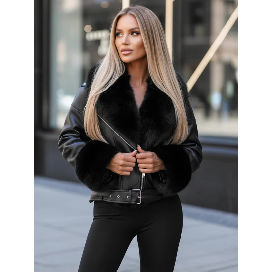 Moteriška juoda striukė su juodu kailiuku Real Striukės