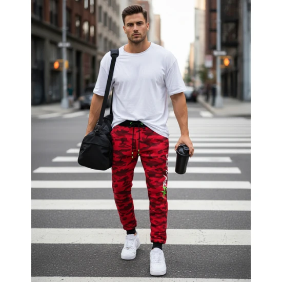 Vyriškos raudonos kamufliažinės laisvalaikio kelnės Axel Laisvalaikio kelnės