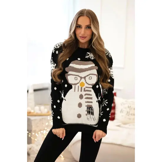 Moteriškas juodas kalėdinis megztinis Snowman