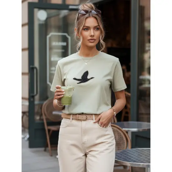 Moteriški šviesiai mėtiniai marškinėliai Bird
