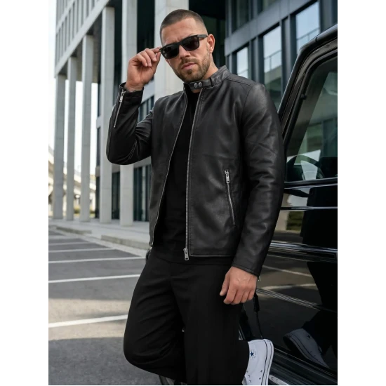 Vyriška juoda odinė striukė Storm