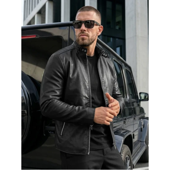 Vyriška juoda odinė striukė Storm