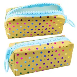 Auksinės spalvos mokyklinis penalas su spalvotais taškeliais 21x8 cm