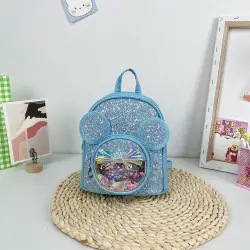 Vaikiška mėlyna kuprinė su blizgučiais, pelės ausytėmis, 22 cm, 3 l 
