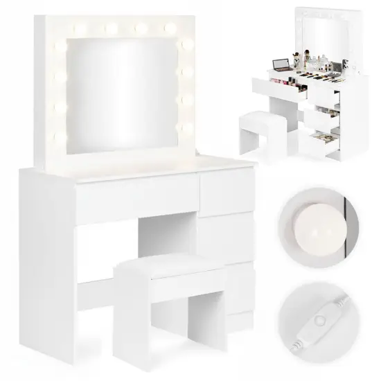 Tualetinis staliukas su veidrodžiu ir LED apšvietimu + taburetė ModernHome