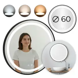 Apvalus juodas LED vonios veidrodis 60 cm su 3 šviesos spalvomis ModernHome