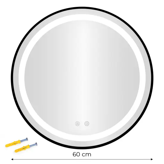 Apvalus juodas LED vonios veidrodis 60 cm su 3 šviesos spalvomis ModernHome
